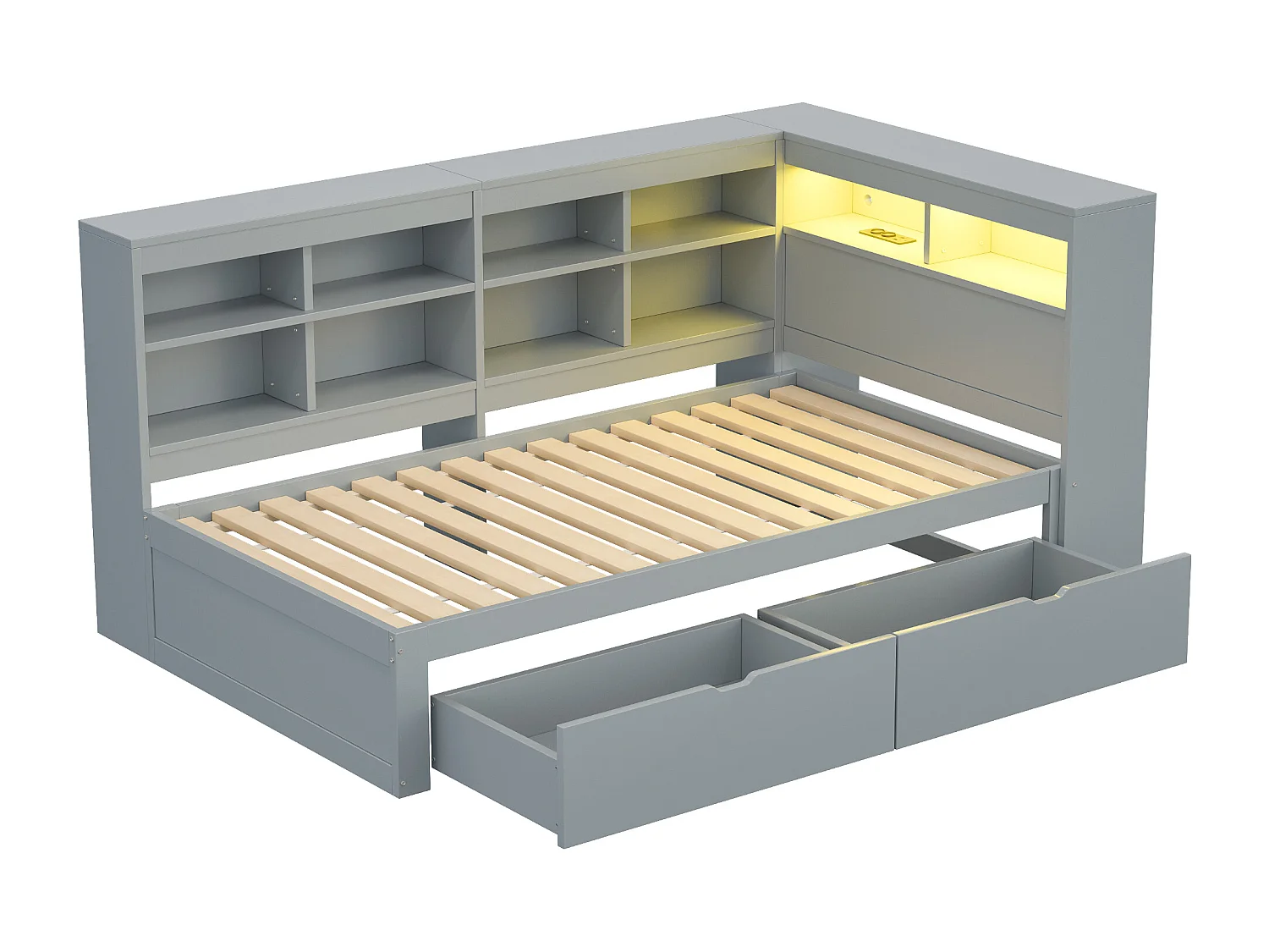 Lit canapé 90x200 cm en bois massif, avec étagères, LED, USB, prises et rangement, multifonction, gris