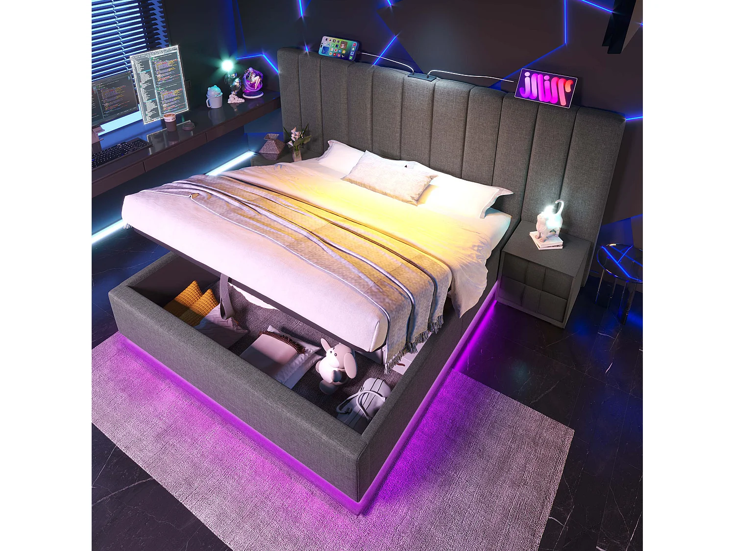 Lit tapissé 160x200 cm double, LED App, USB-C, rangement, cadre avec lattes, tissu lin gris (Avec matelas, sans chevet)