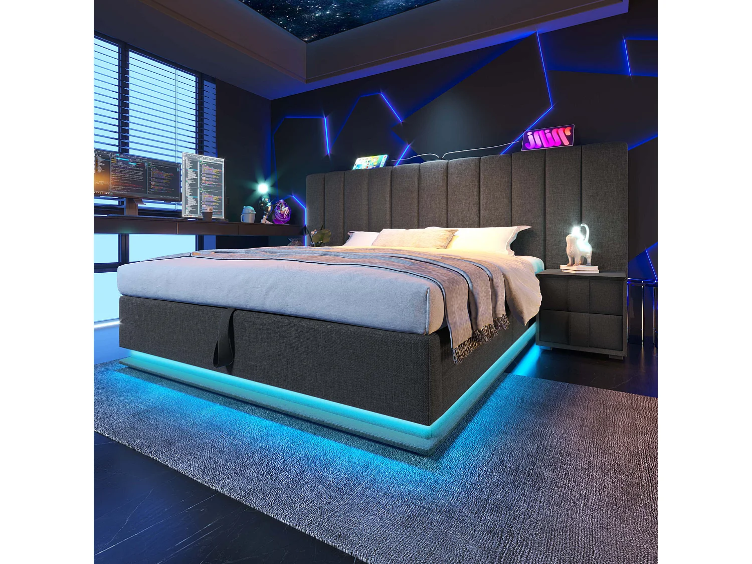 Lit tapissé 160x200 cm double, LED App, USB-C, rangement, cadre avec lattes, tissu lin gris (Avec matelas, sans chevet)