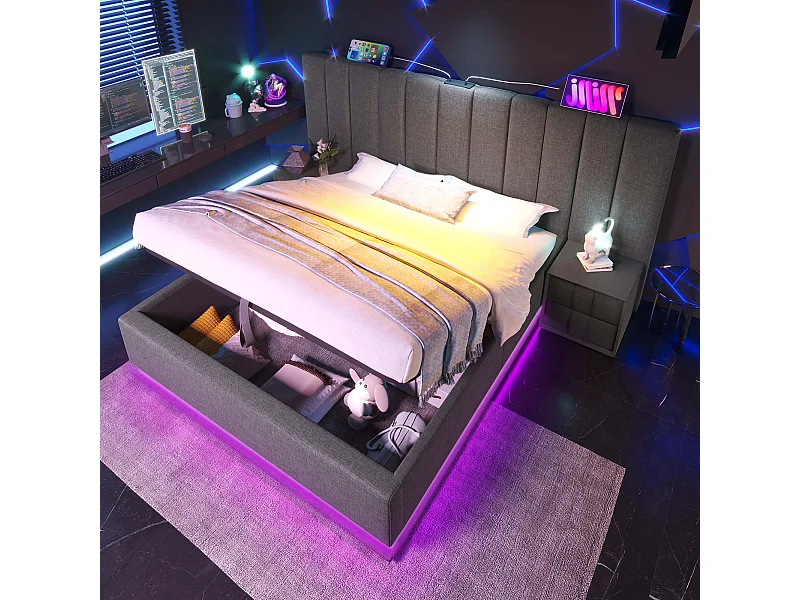 Lit tapissé 160x200 cm double, LED App, USB-C, rangement, cadre avec lattes, tissu lin gris (Avec matelas, sans chevet)