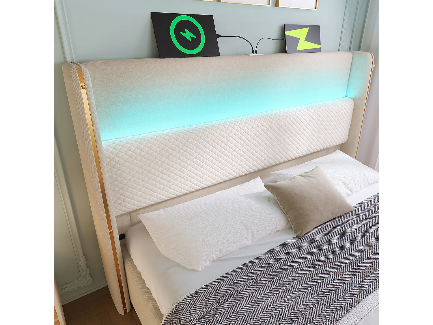 Lit à rangement hydraulique 140x200 cm avec tête haute, LED, USB/Type-C, tissu lin beige (Avec matelas)