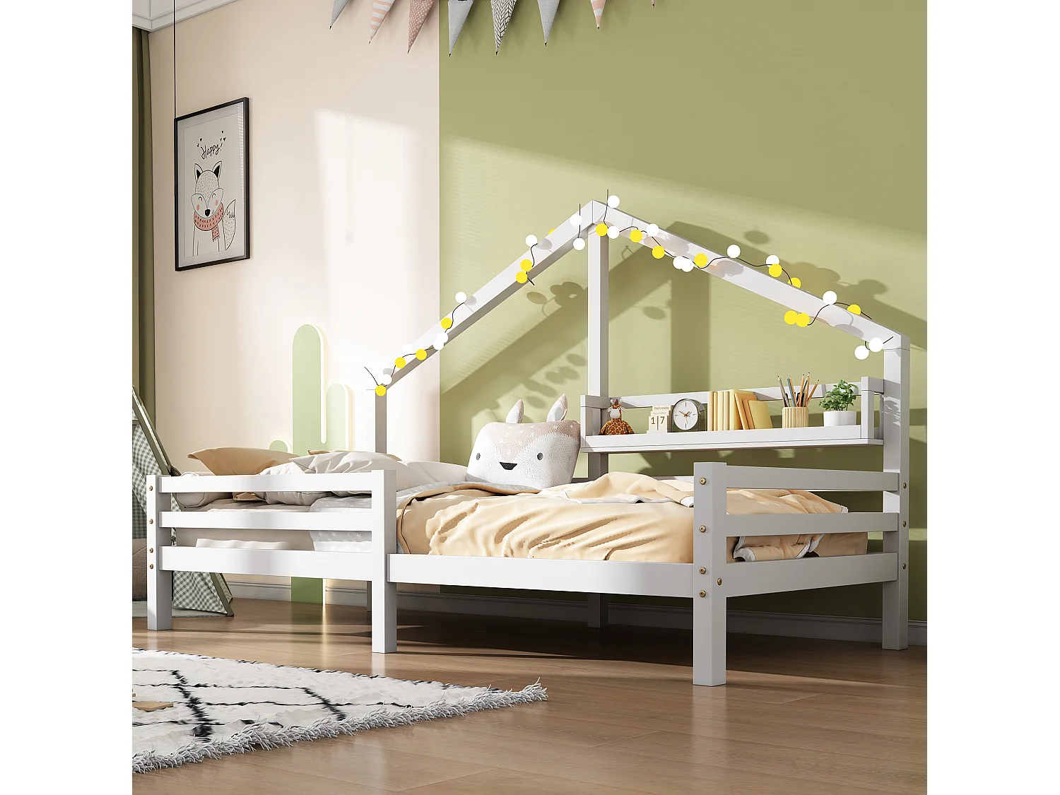 Lit cabane enfant 90×200 cm avec étagère intégrée, forme cheminée, structure en bois massif blanc