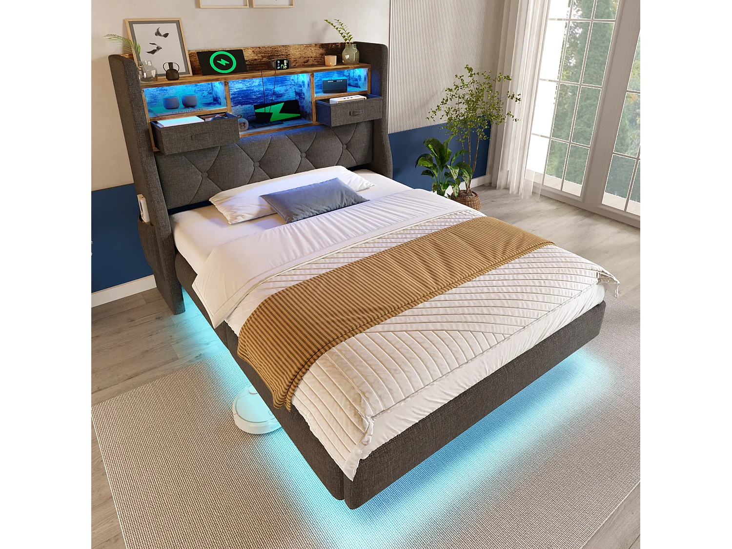 Lit tapissé 90x200 cm flottant avec LED, rangement tête, 1 Type-C et 3 USB, tissu lin gris, moderne (Avec matelas)