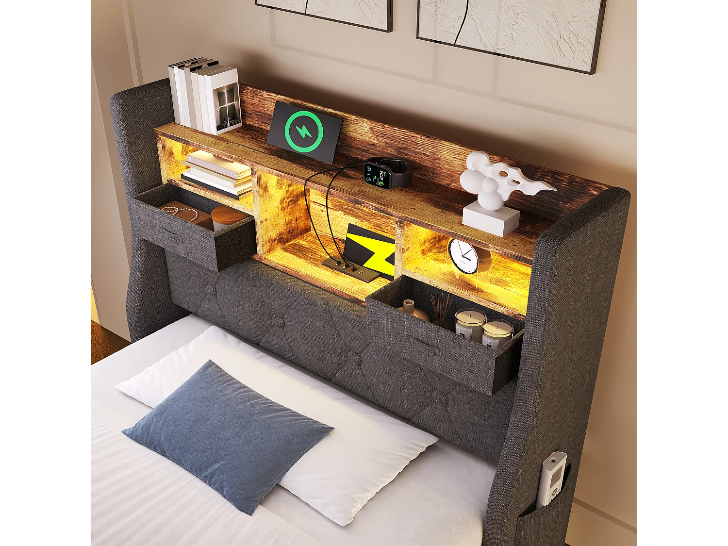 Lit tapissé 90x200 cm flottant avec LED, rangement tête, 1 Type-C et 3 USB, tissu lin gris, moderne (Avec matelas)