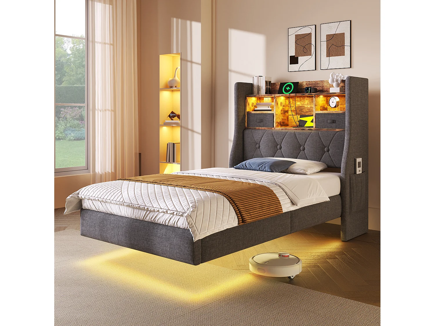 Lit tapissé 90x200 cm flottant avec LED, rangement tête, 1 Type-C et 3 USB, tissu lin gris, moderne (Avec matelas)