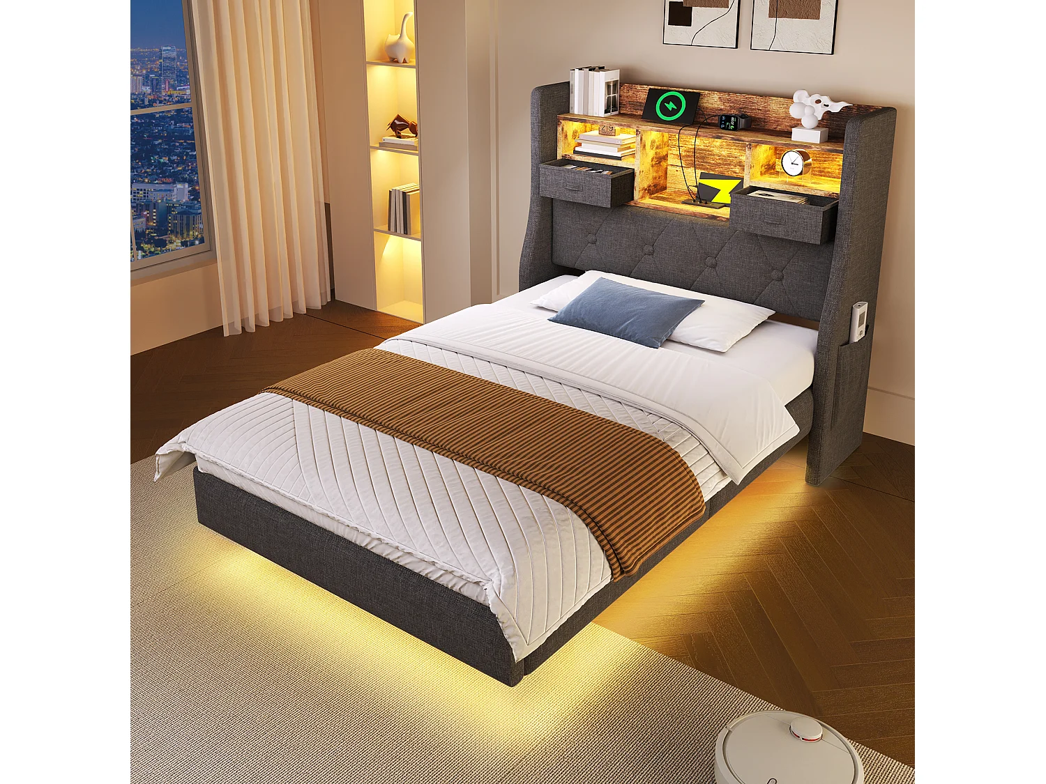 Lit tapissé 90x200 cm flottant avec LED, rangement tête, 1 Type-C et 3 USB, tissu lin gris, moderne (Avec matelas)
