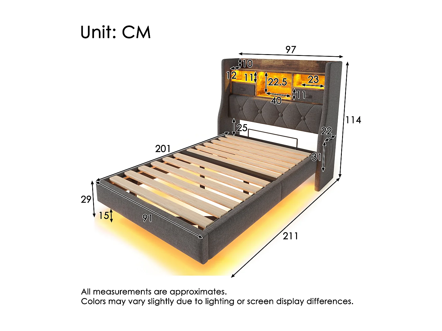Lit tapissé 90x200 cm flottant avec LED, rangement tête, 1 Type-C et 3 USB, tissu lin gris, moderne (Avec matelas)