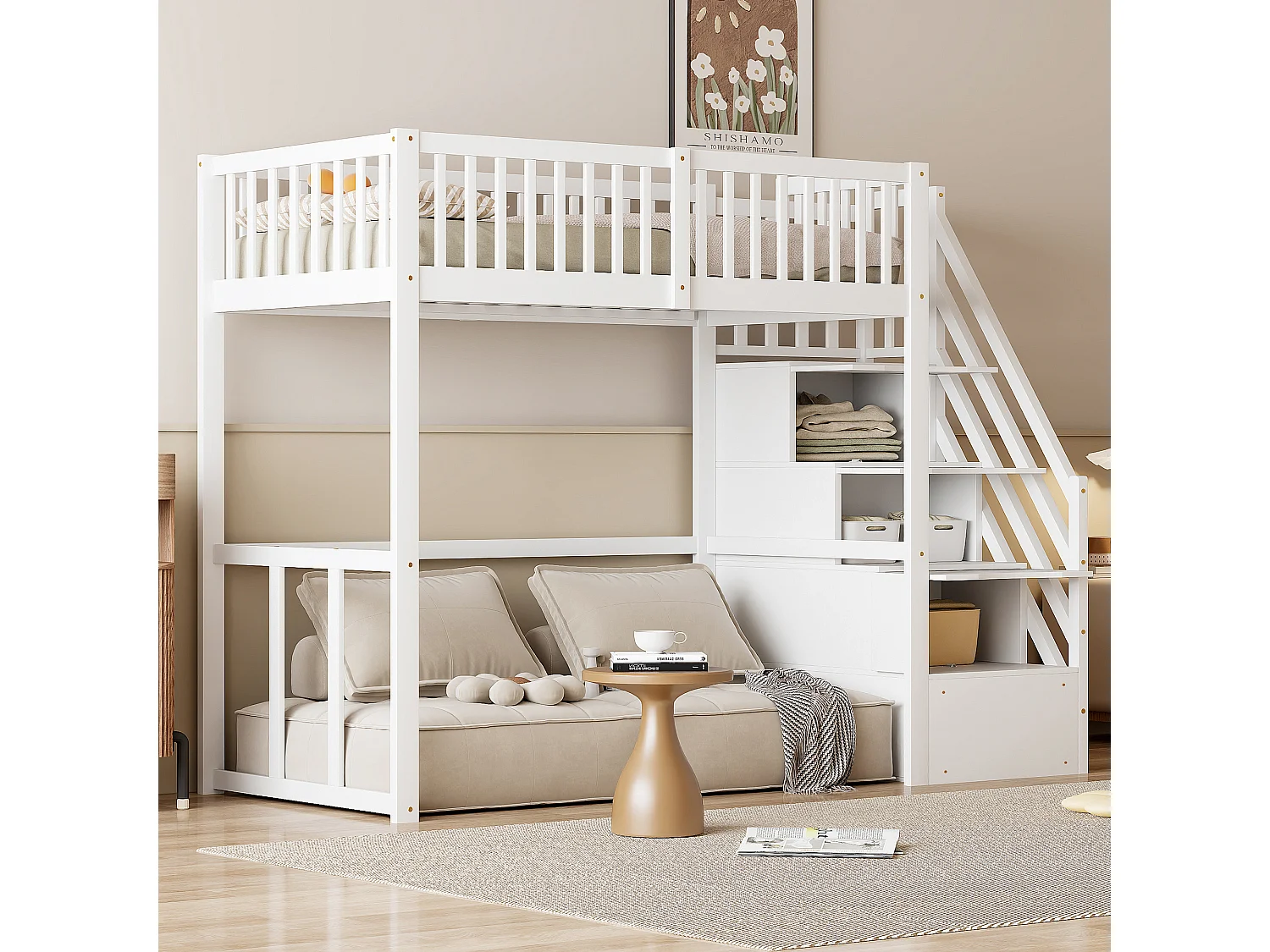 Lit mezzanine 90x200 cm en pin massif blanc avec échelle de rangement sécurisée pour enfants et ados