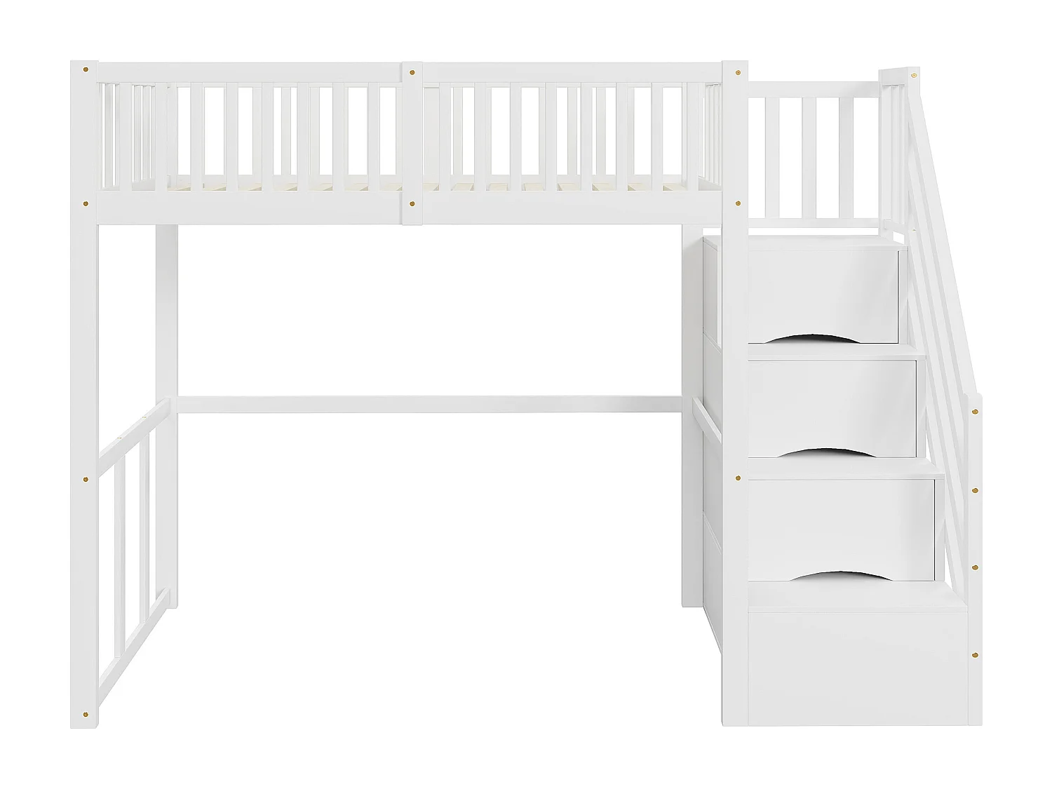 Lit mezzanine 90x200 cm en pin massif blanc avec échelle de rangement sécurisée pour enfants et ados