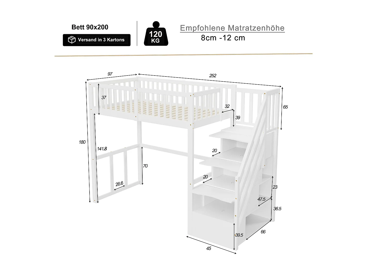 Lit mezzanine 90x200 cm en pin massif blanc avec échelle de rangement sécurisée pour enfants et ados