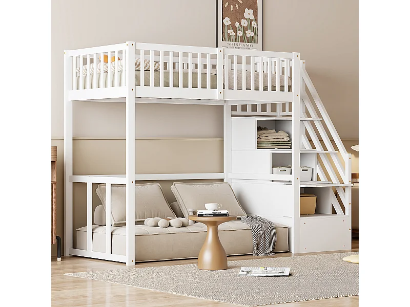 Lit mezzanine 90x200 cm en pin massif blanc avec échelle de rangement sécurisée pour enfants et ados
