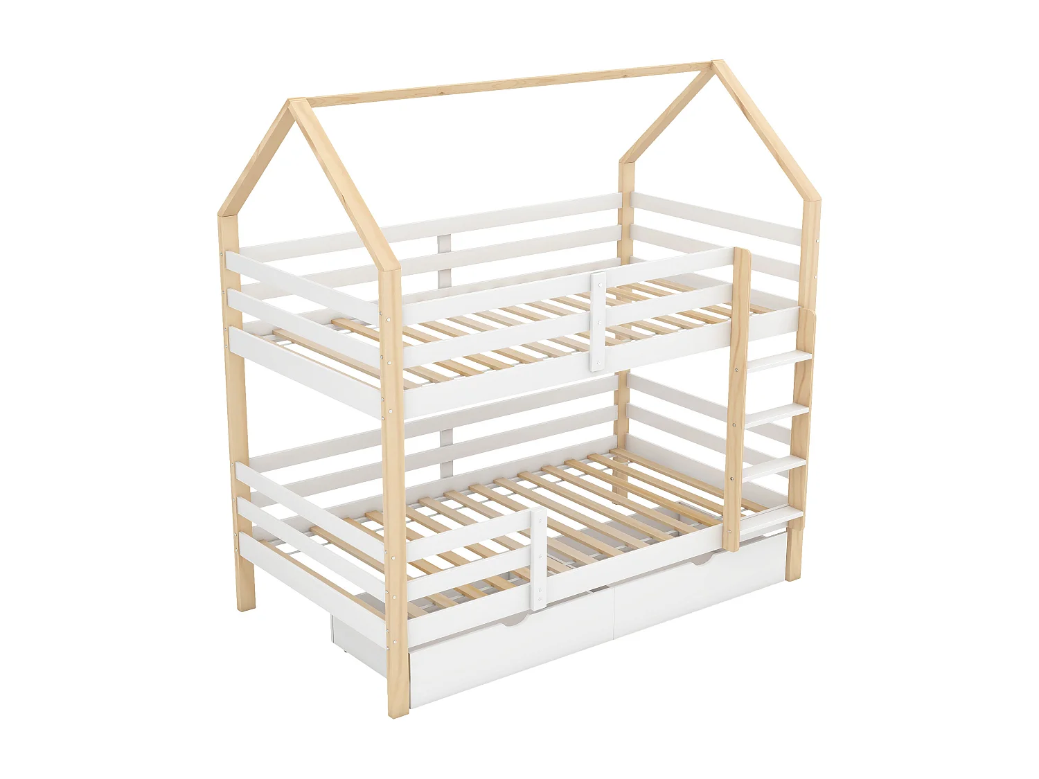 Lit cabane enfant 90×200 cm blanc et bois naturel, avec grands tiroirs, sommier en pin massif