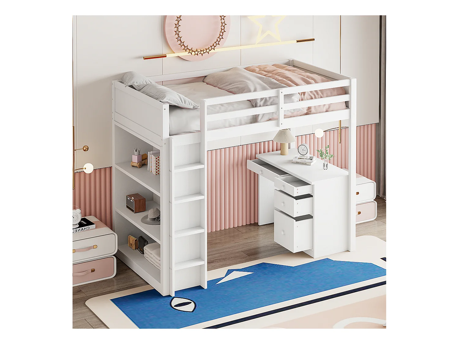 Lit mezzanine 90x200 cm blanc, avec armoires de rangement et bureau intégré, structure en bois multifonction