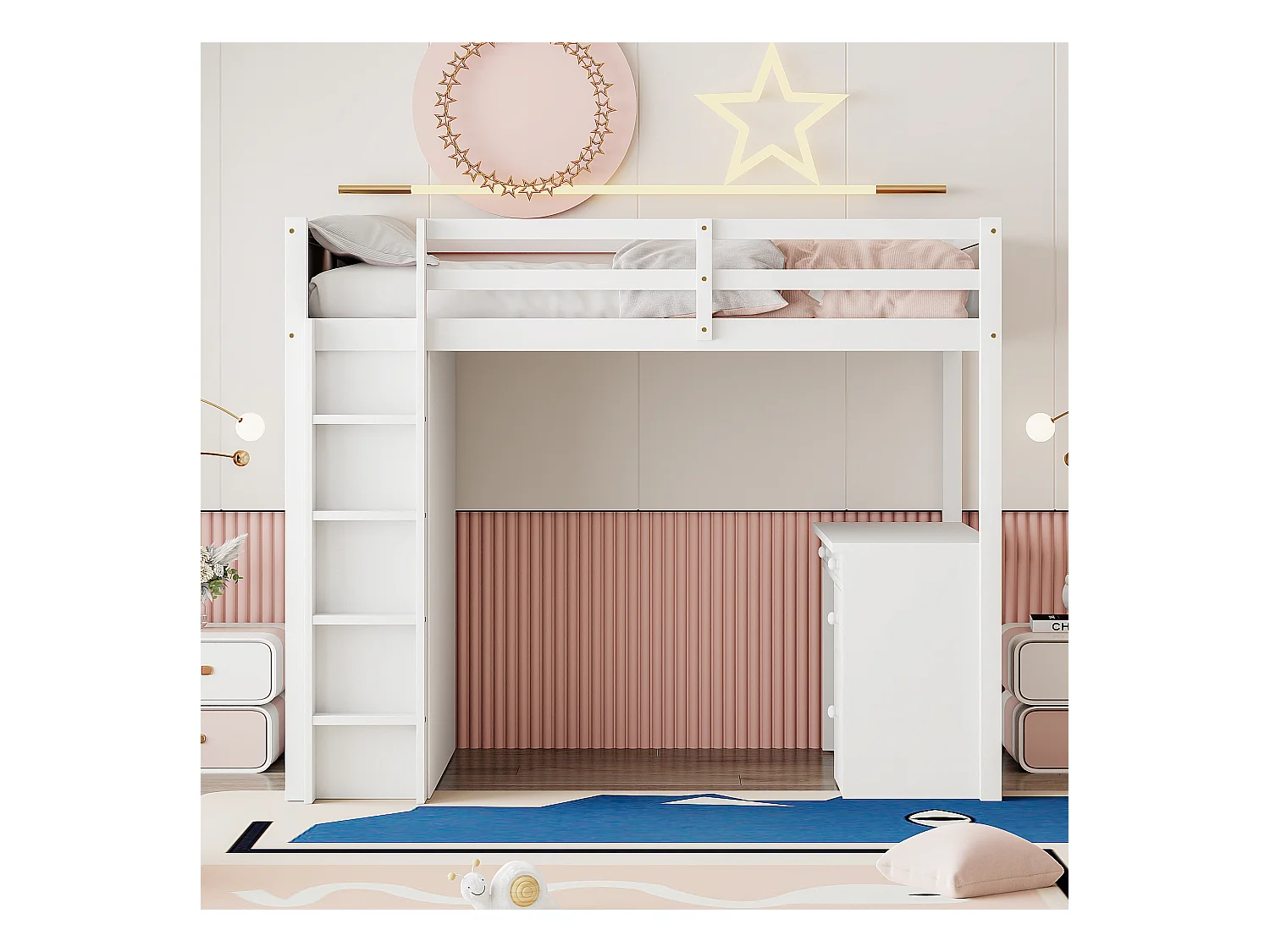 Lit mezzanine 90x200 cm blanc, avec armoires de rangement et bureau intégré, structure en bois multifonction