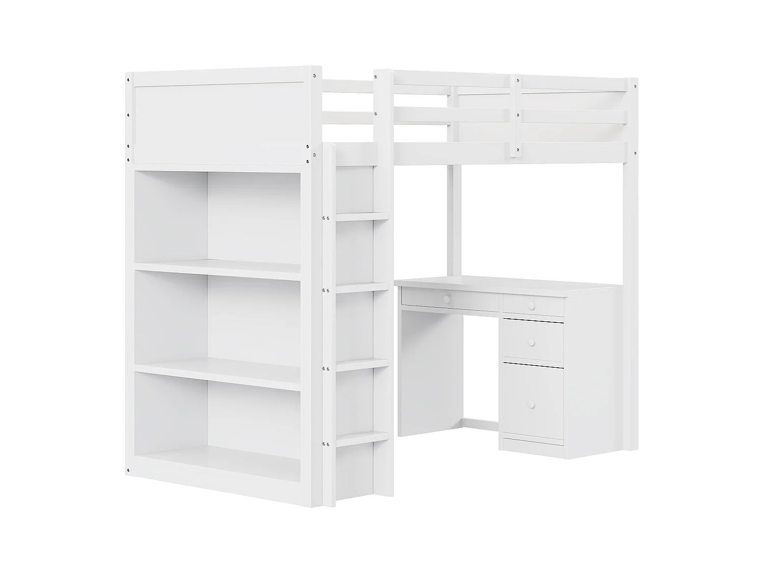 Lit mezzanine 90x200 cm blanc, avec armoires de rangement et bureau intégré, structure en bois multifonction