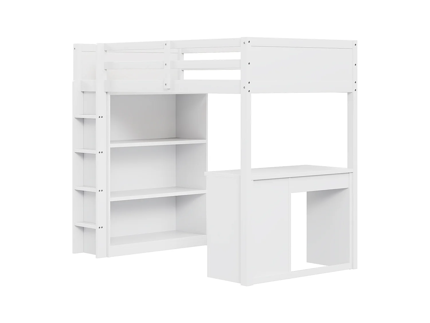 Lit mezzanine 90x200 cm blanc, avec armoires de rangement et bureau intégré, structure en bois multifonction