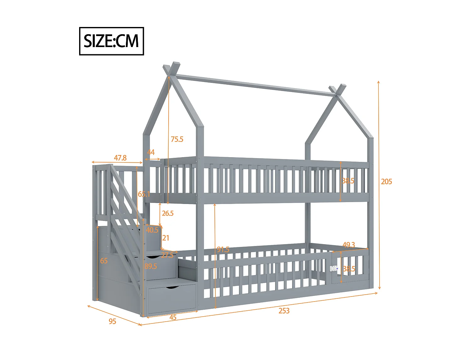 Lit mezzanine 90x200 cm, bois massif avec toit, échelle sécurisée, tiroirs de rangement, lit enfant, lit simple, gris