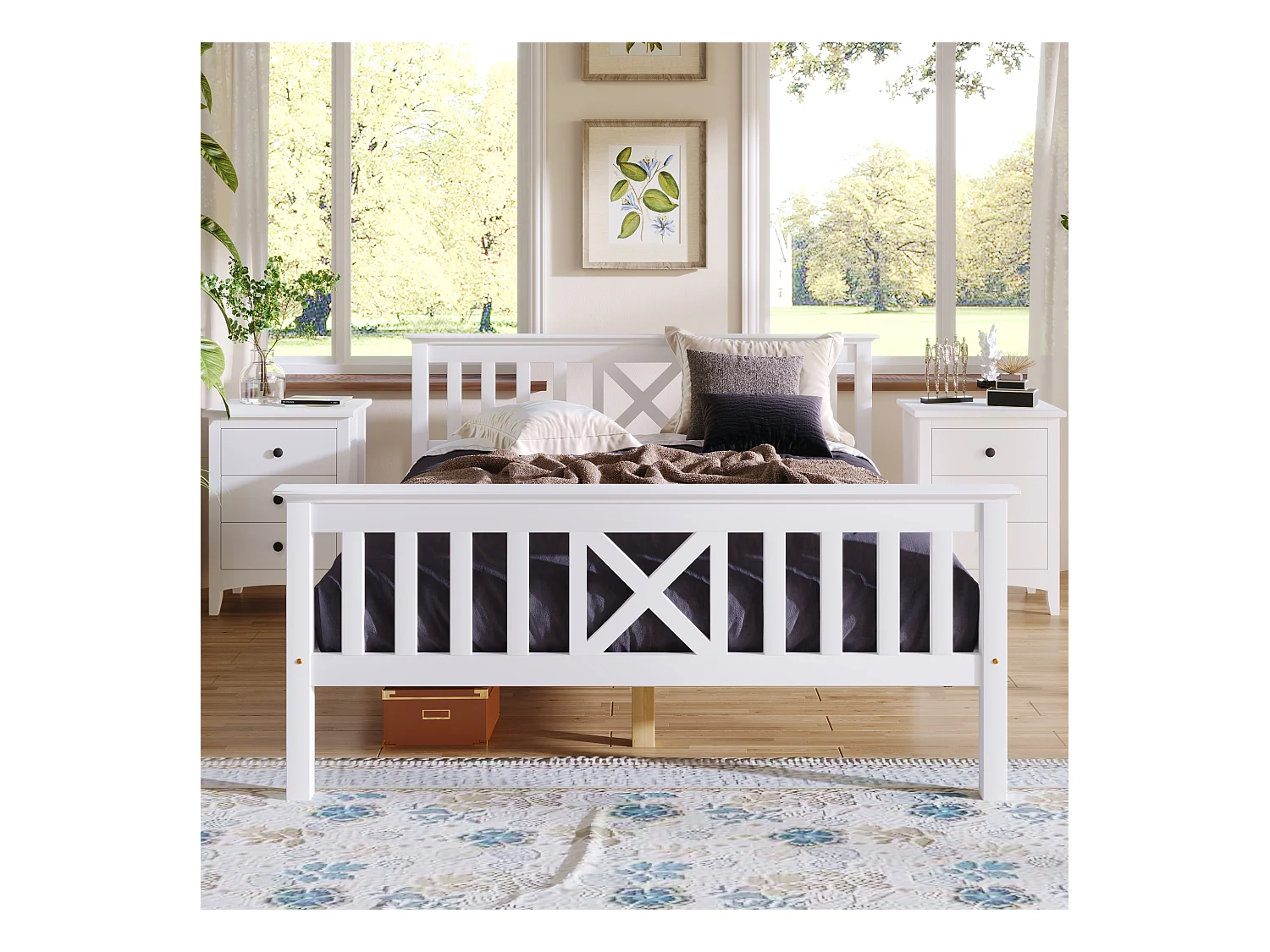 Lit double en bois massif 140×200 cm avec tête de lit et sommier, pin blanc, pour chambre enfant ou adulte