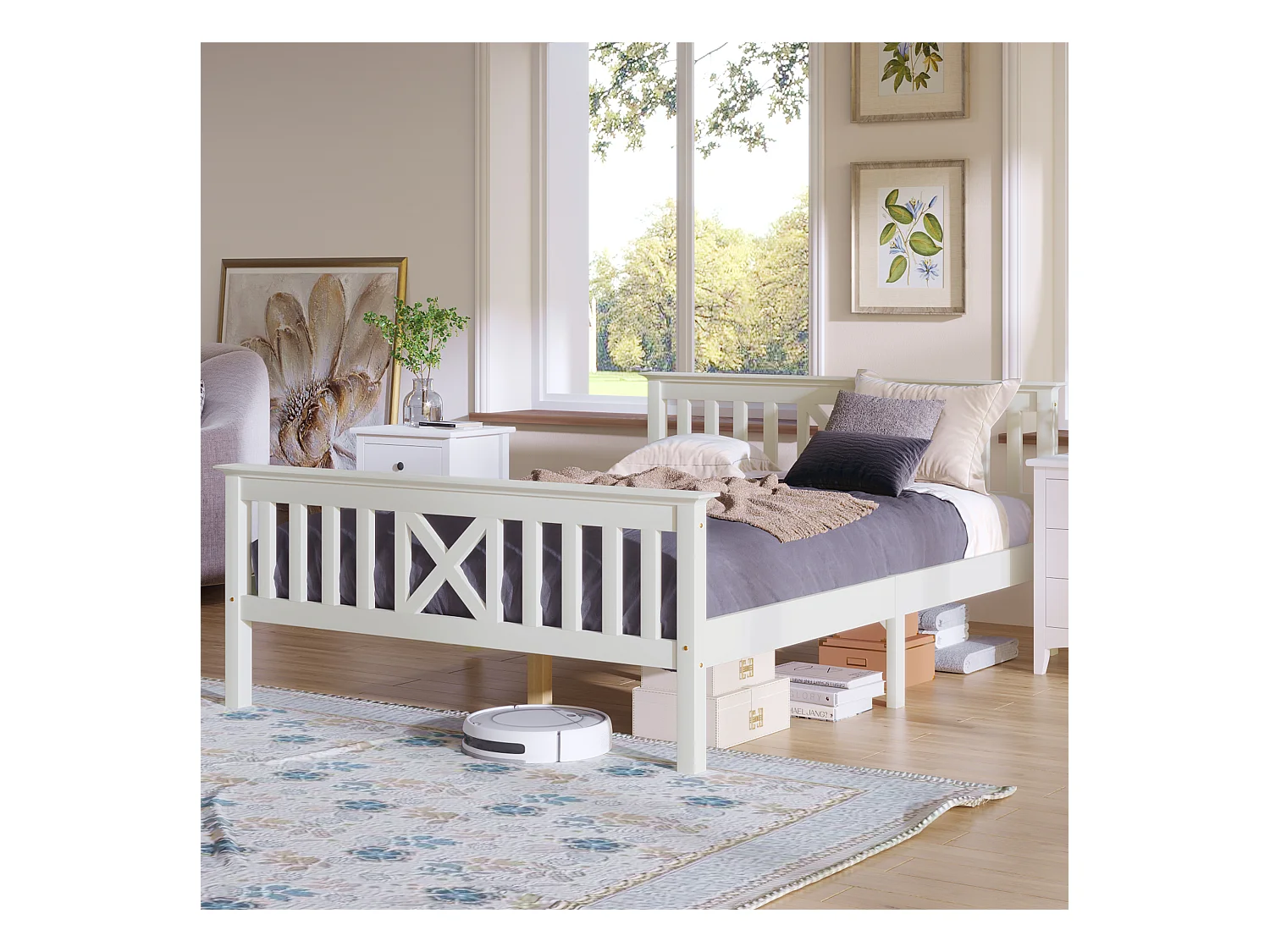 Lit double en bois massif 140×200 cm avec tête de lit et sommier, pin blanc, pour chambre enfant ou adulte