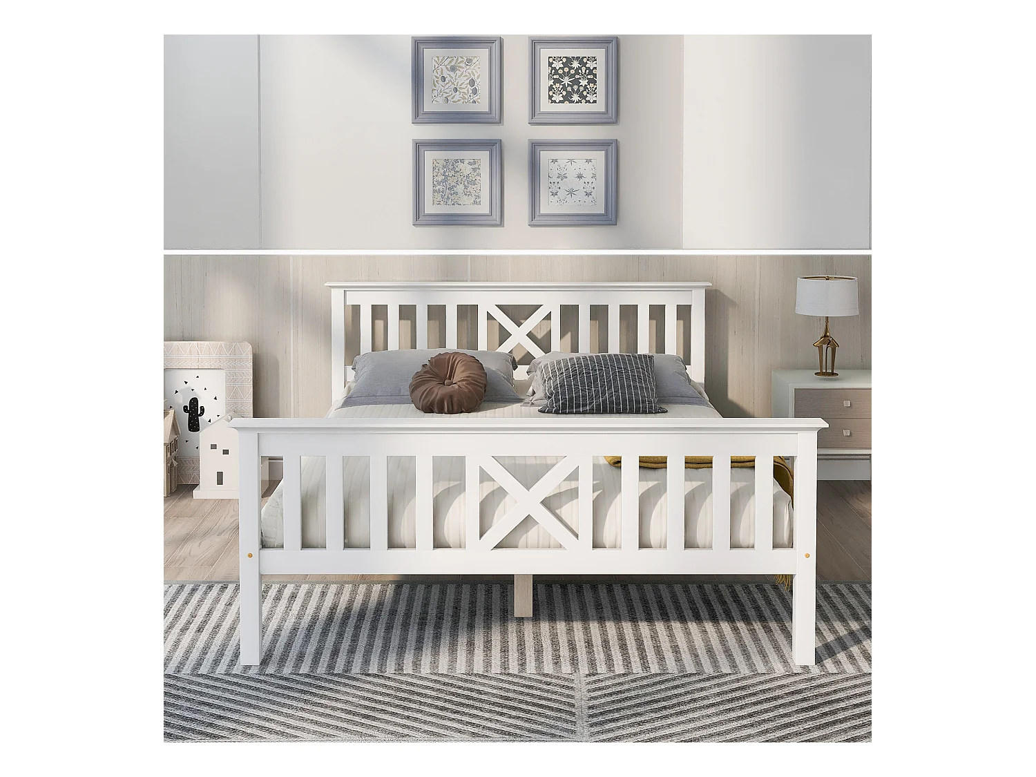 Lit double en bois massif 140×200 cm avec tête de lit et sommier, pin blanc, pour chambre enfant ou adulte