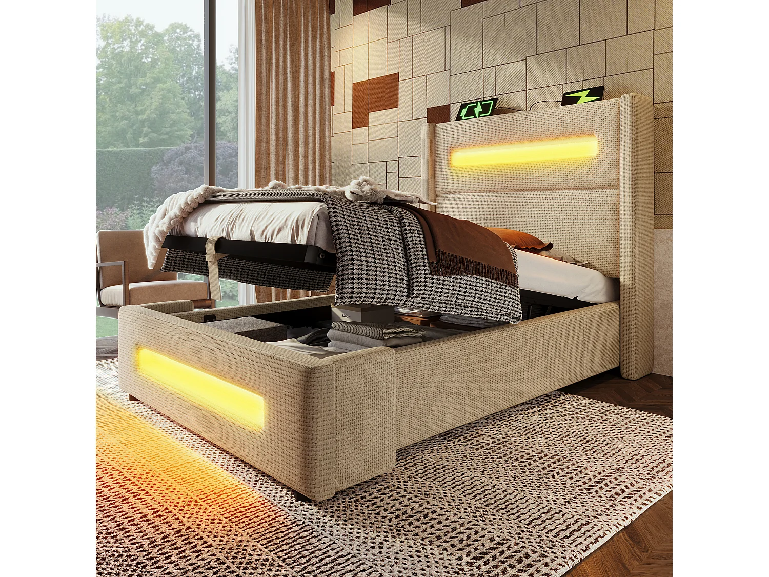 Lit tapissé 90x200 cm simple, LED, rangement hydraulique, USB/Type-C, cadre métal bois, tissu lin beige (Avec matelas)