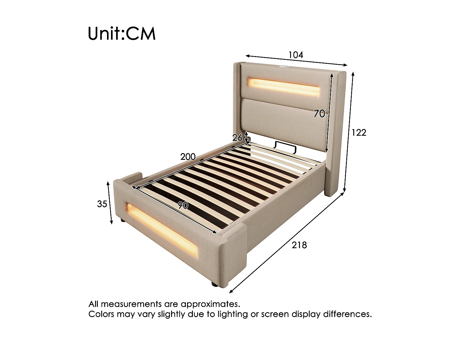 Lit tapissé 90x200 cm simple, LED, rangement hydraulique, USB/Type-C, cadre métal bois, tissu lin beige (Avec matelas)