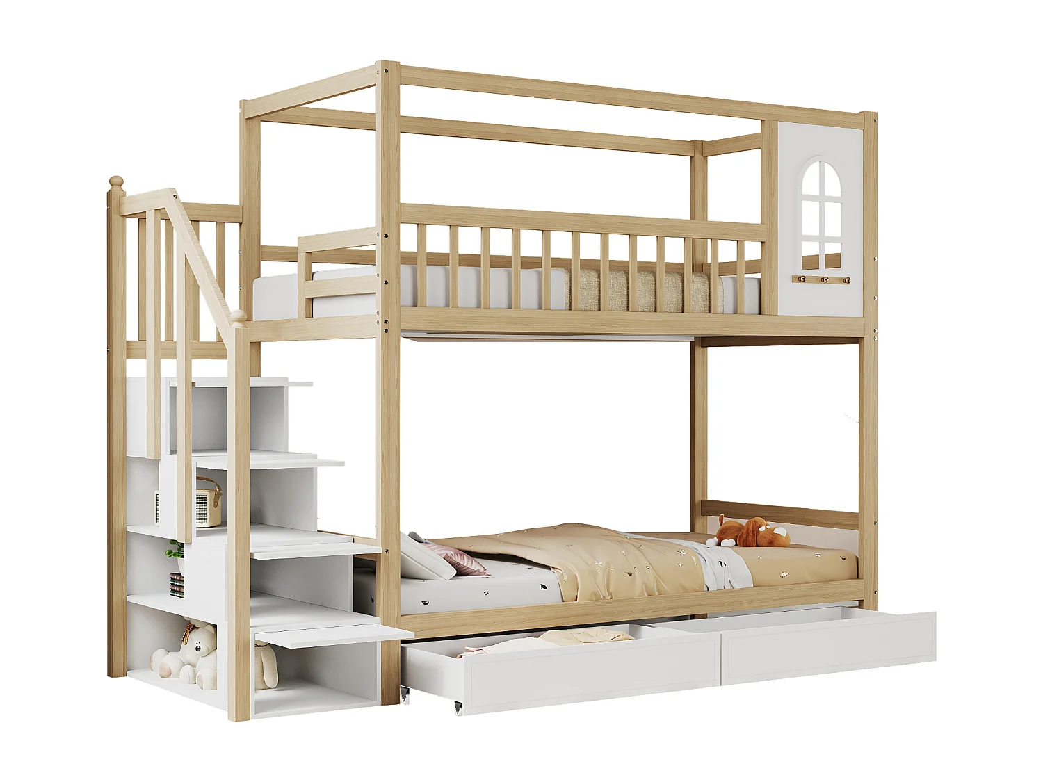 Lit cabane enfant 90x200 cm en bois massif naturel, forme maison avec fenêtres, tiroirs et échelle de sécurité