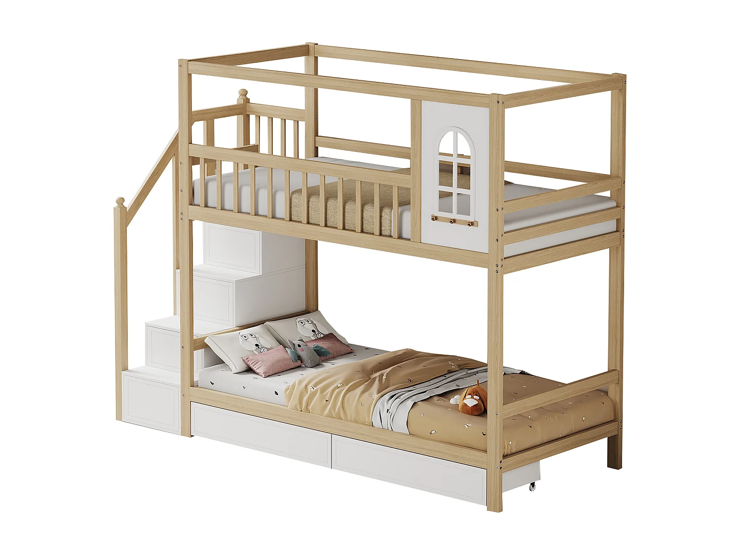 Lit cabane enfant 90x200 cm en bois massif naturel, forme maison avec fenêtres, tiroirs et échelle de sécurité