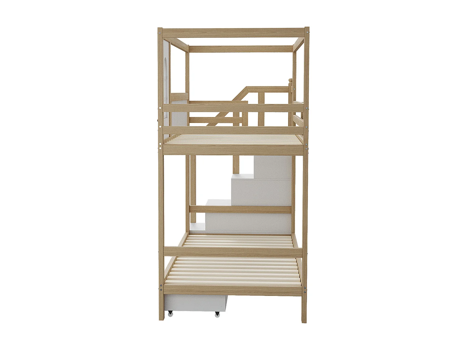 Lit cabane enfant 90x200 cm en bois massif naturel, forme maison avec fenêtres, tiroirs et échelle de sécurité