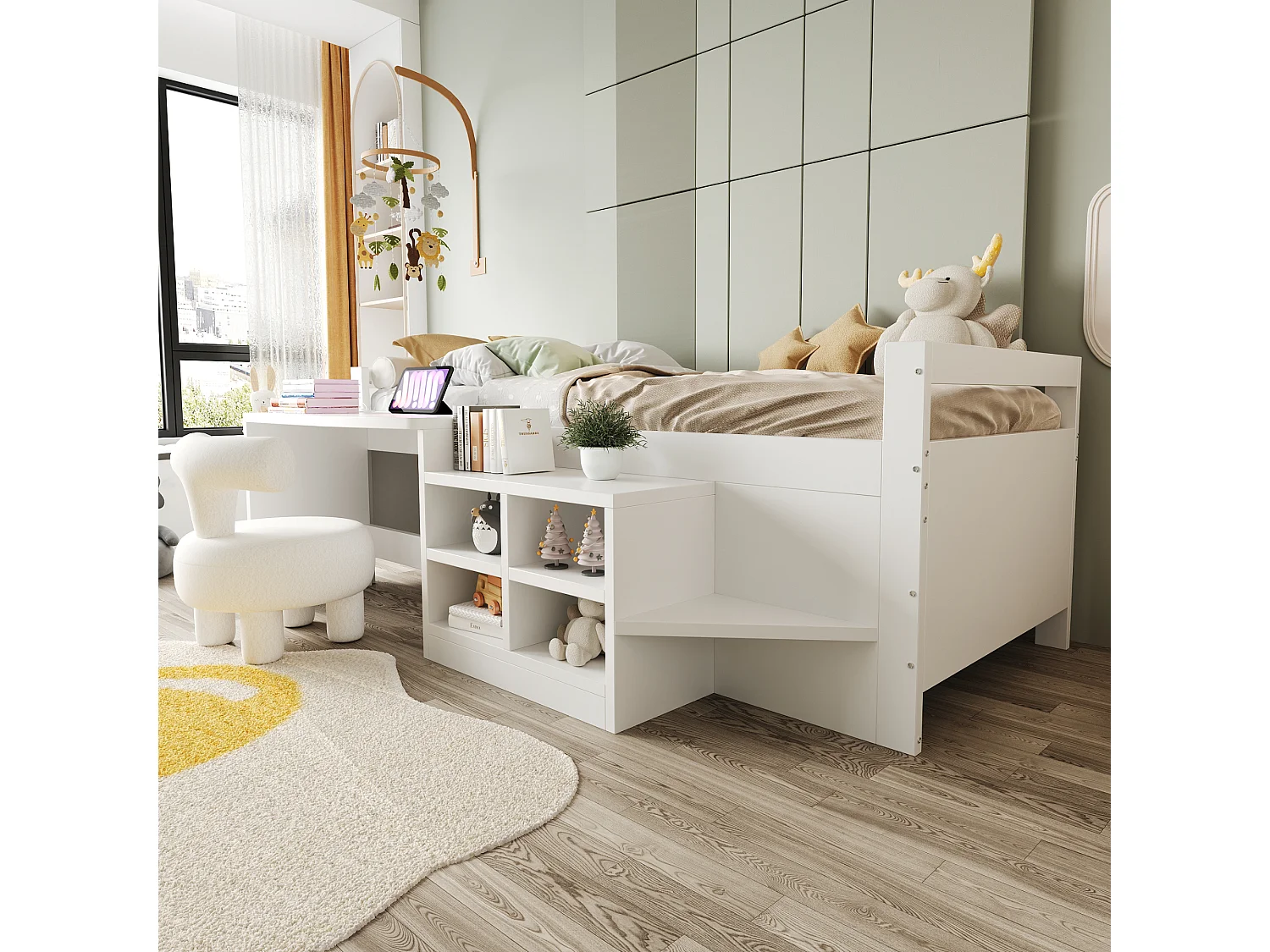 Lit enfant 90x200 cm, avec tiroirs et bureau avec prises électriques norme européenne, lit simple bois, blanc