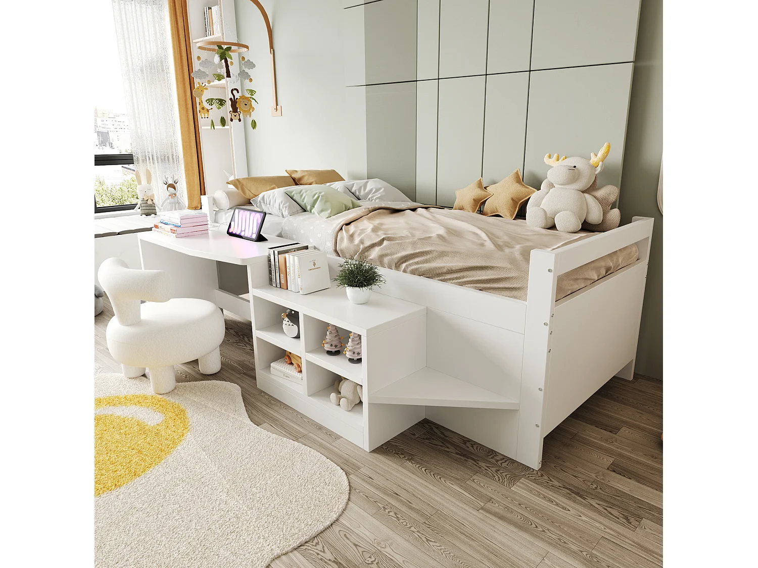 Lit enfant 90x200 cm, avec tiroirs et bureau avec prises électriques norme européenne, lit simple bois, blanc