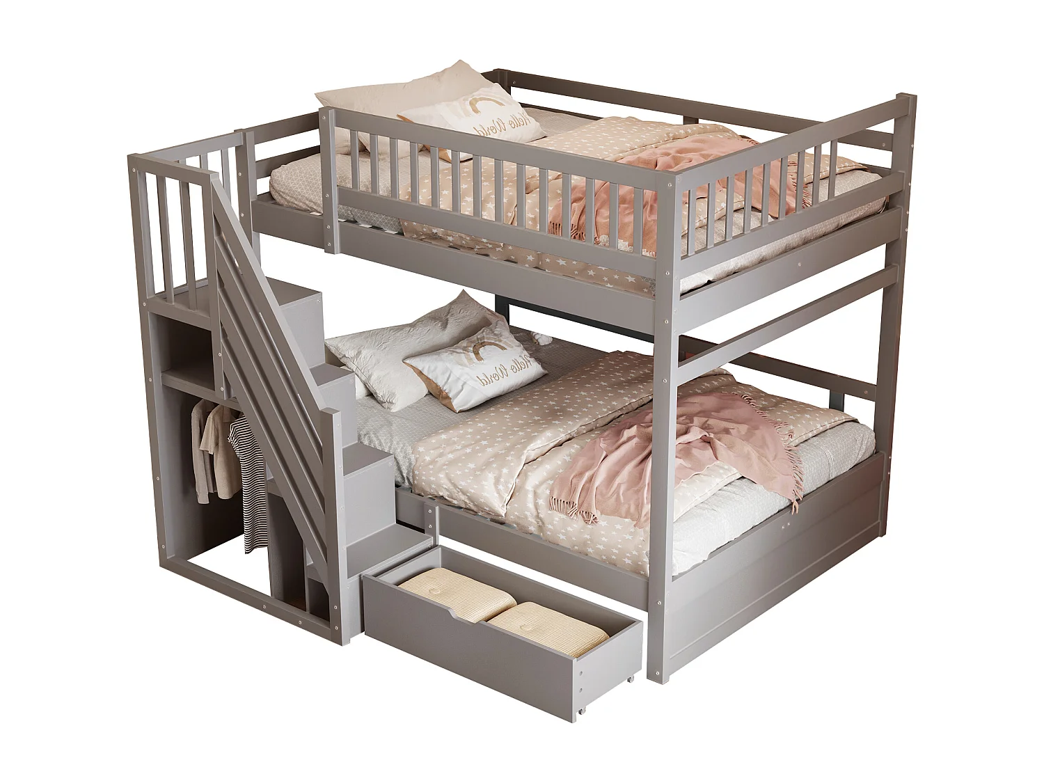 Lit mezzanine 140x200 cm, barrières hautes, lattenrost, échelle sécurisée avec rangement, tiroirs, lit double junior, bois massif, gris