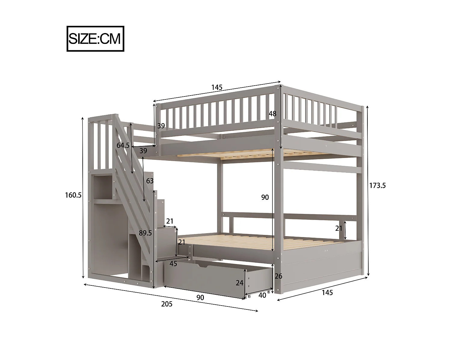 Lit mezzanine 140x200 cm, barrières hautes, lattenrost, échelle sécurisée avec rangement, tiroirs, lit double junior, bois massif, gris