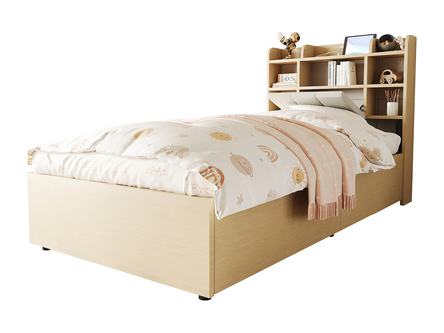 Lit bois 90x200 cm, lit hydraulique, tête de lit avec rangement, ports USB et Type-C, lit simple, lit junior, bois naturel, sans matelas