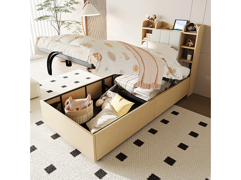 Lit bois 90x200 cm, lit hydraulique, tête de lit avec rangement, ports USB et Type-C, lit simple, lit junior, bois naturel, sans matelas