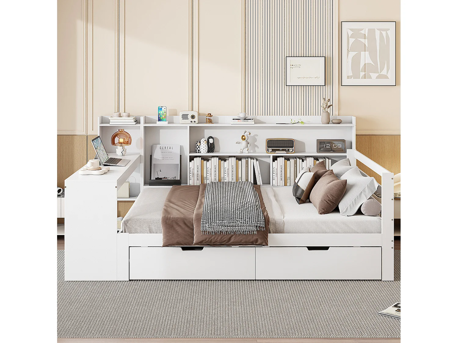 Lit canapé 140x200 cm en bois massif, avec bureau, étagères, prises et 2 grands rangements, multifonction, blanc