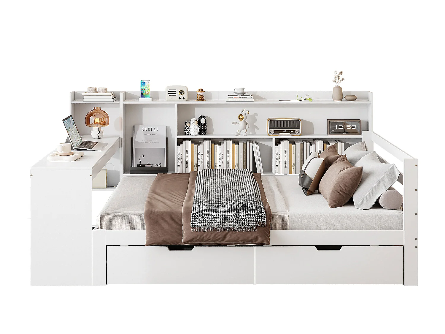 Lit canapé 140x200 cm en bois massif, avec bureau, étagères, prises et 2 grands rangements, multifonction, blanc