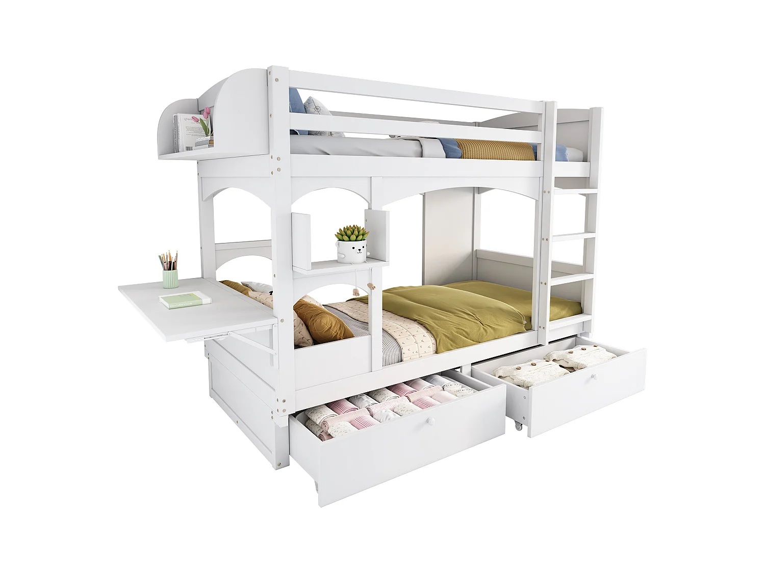 Lit superposé multifonction 90×200 cm blanc, bois, avec bureau rabattable, étagère, échelle et tiroirs