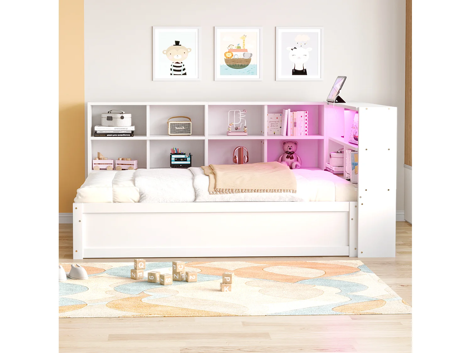 Canapé-lit 90x200 cm, multiprises et rangements, LED, lit hydraulique, massif, lit simple multifonction, blanc