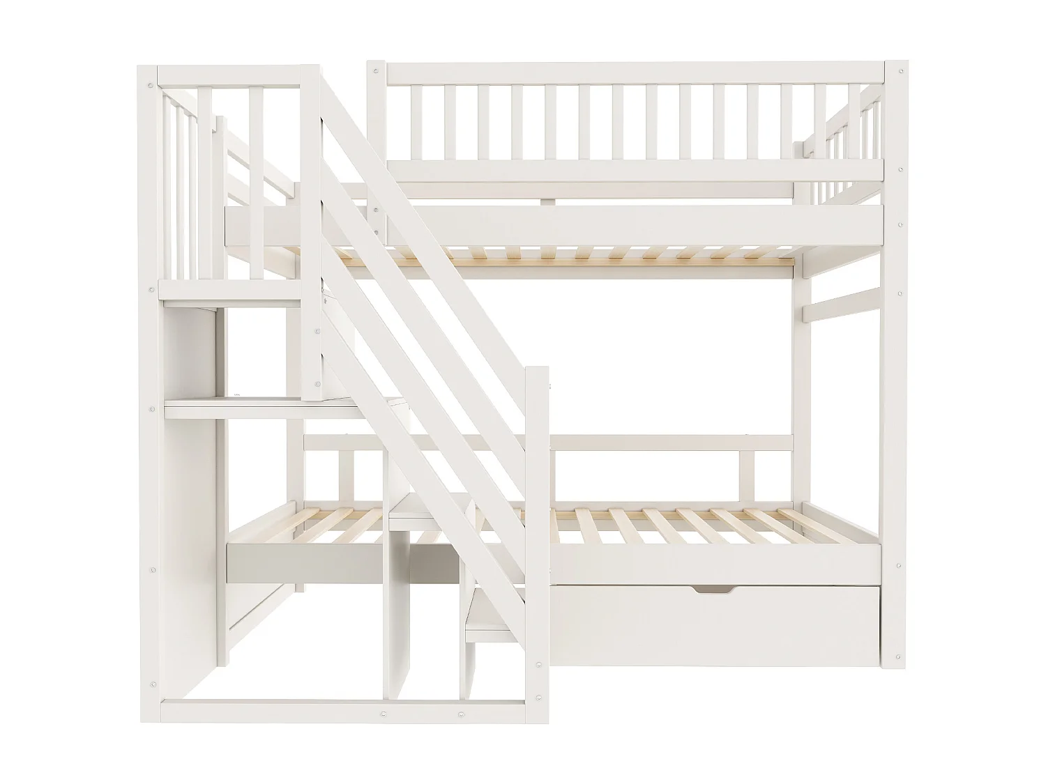 Lit mezzanine 90x200 cm, bois massif, barrières hautes, lattenrost, échelle sécurisée avec rangement, tiroirs, lit junior, blanc