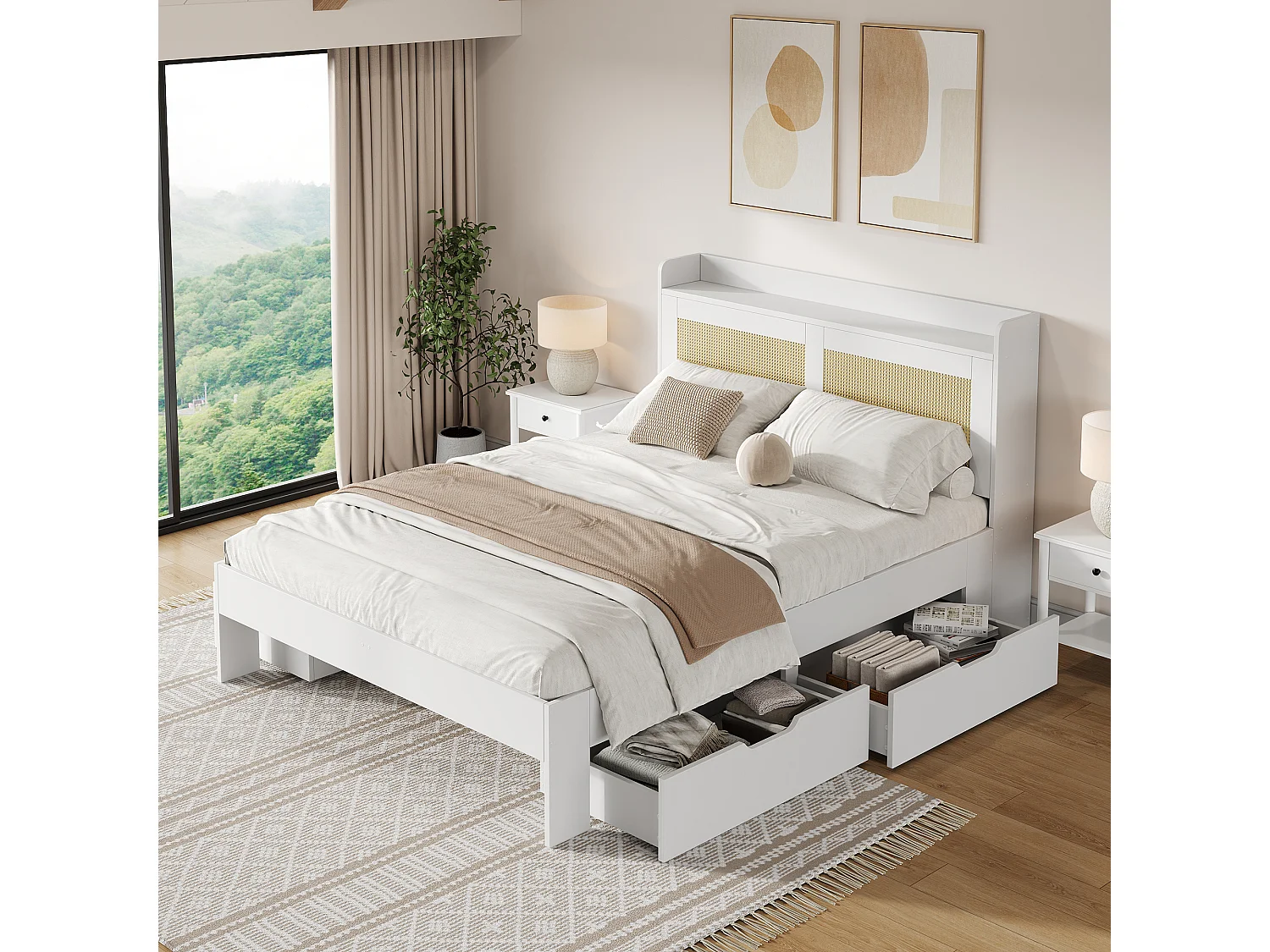 Lit coffre 140×200 cm blanc, bois massif avec décor rotin, tiroirs et espace de rangement, style naturel moderne