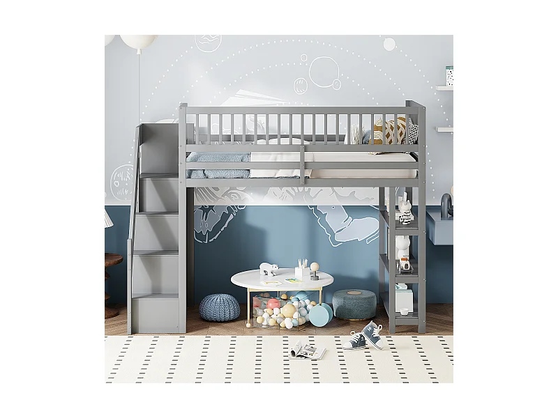 Lit mezzanine 90x200 cm, design sécurisé avec armoire, étagères et échelle, lit enfant en bois, gris