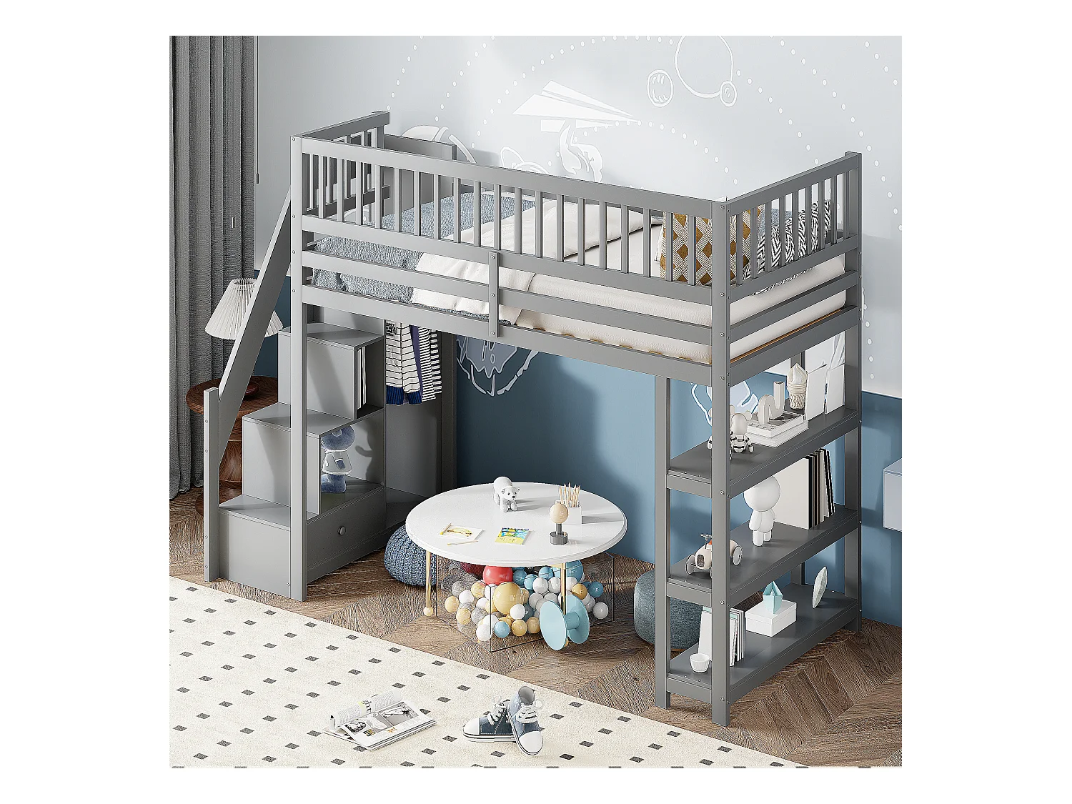 Lit mezzanine 90x200 cm, design sécurisé avec armoire, étagères et échelle, lit enfant en bois, gris