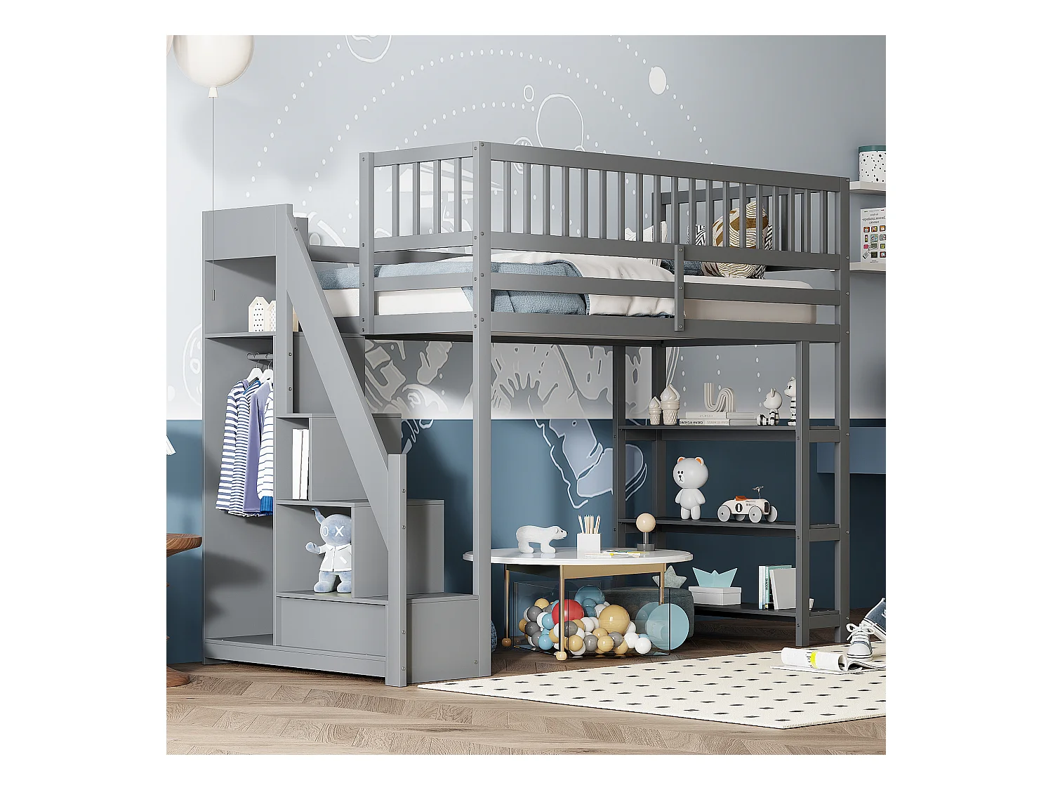Lit mezzanine 90x200 cm, design sécurisé avec armoire, étagères et échelle, lit enfant en bois, gris