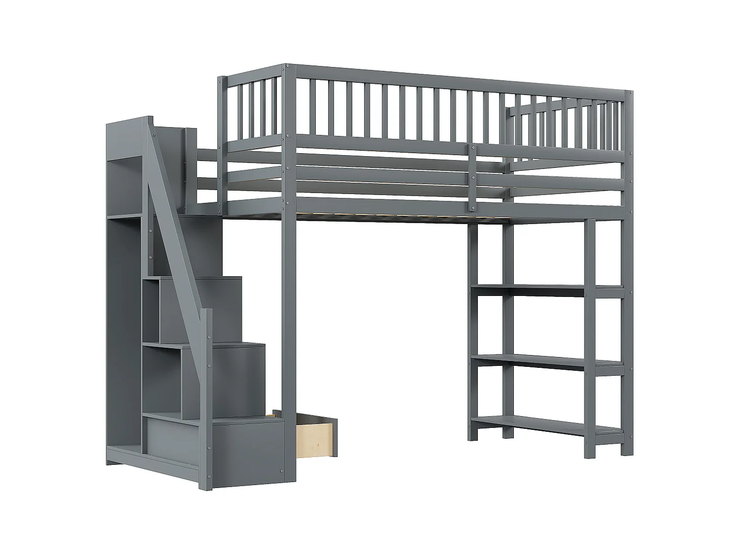 Lit mezzanine 90x200 cm, design sécurisé avec armoire, étagères et échelle, lit enfant en bois, gris