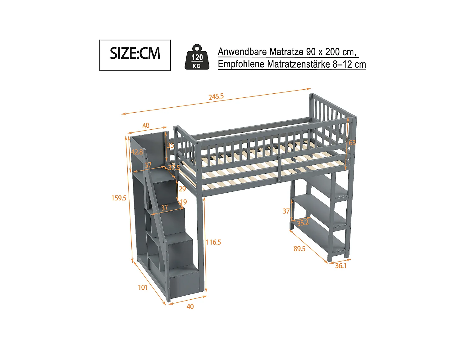 Lit mezzanine 90x200 cm, design sécurisé avec armoire, étagères et échelle, lit enfant en bois, gris