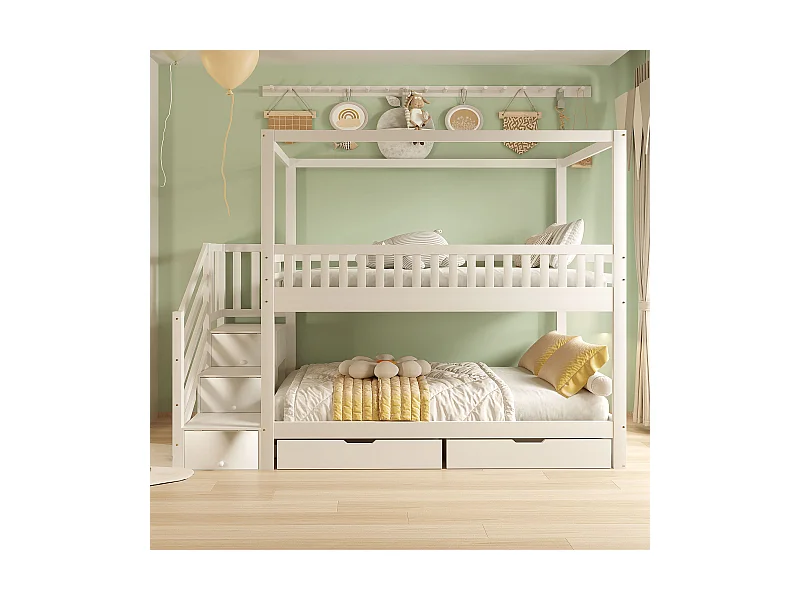 Lit superposé enfant 90x200 cm, lit double bois massif, forme maison, garde-corps sécurité, rangement et échelle, blanc, pour garçons et filles