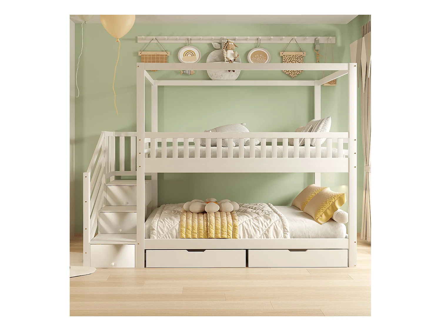 Lit superposé enfant 90x200 cm, lit double bois massif, forme maison, garde-corps sécurité, rangement et échelle, blanc, pour garçons et filles