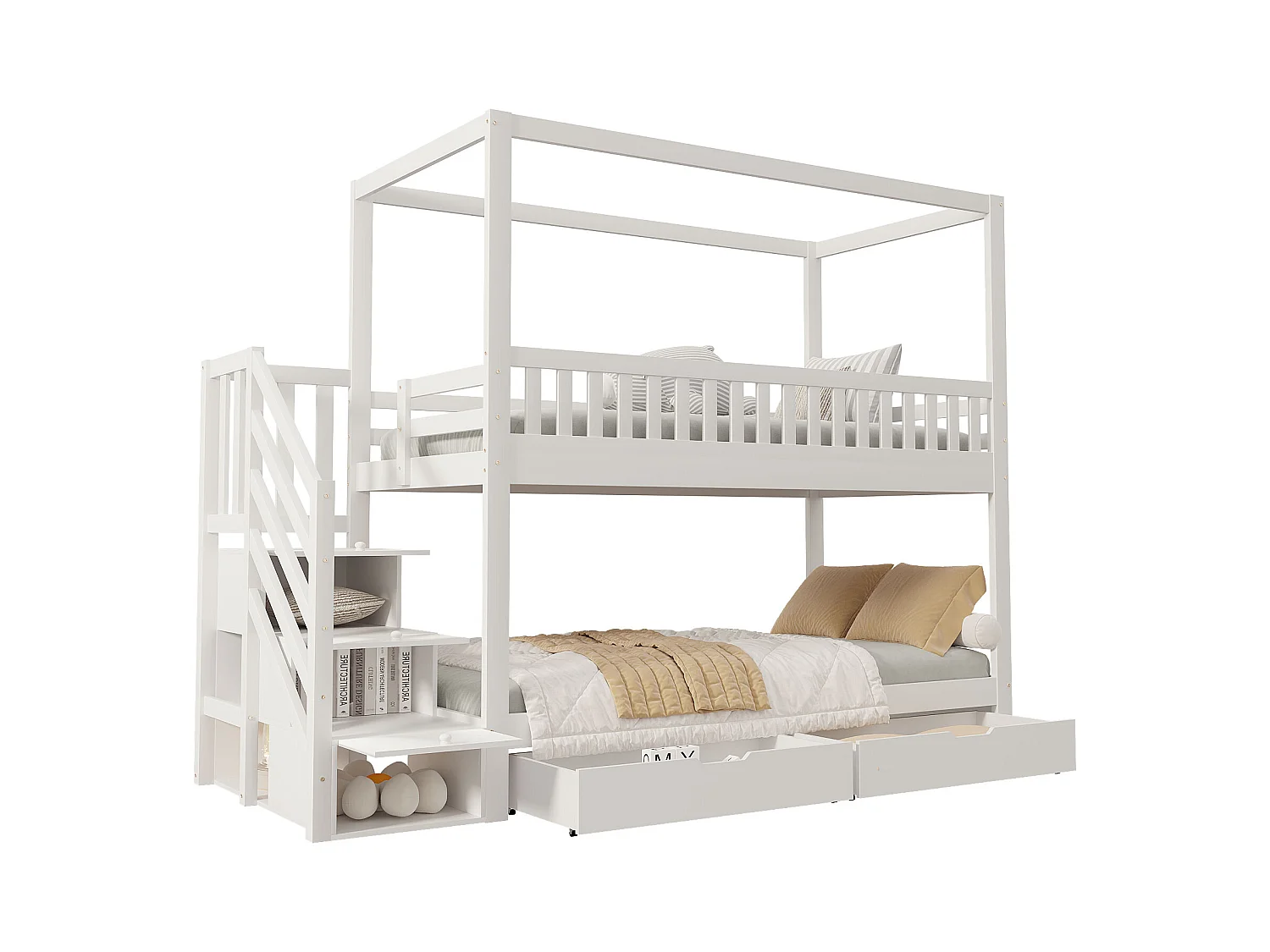 Lit superposé enfant 90x200 cm, lit double bois massif, forme maison, garde-corps sécurité, rangement et échelle, blanc, pour garçons et filles