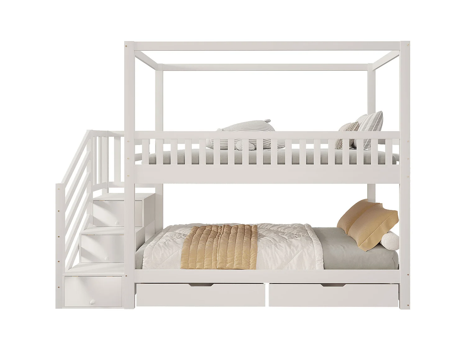 Lit superposé enfant 90x200 cm, lit double bois massif, forme maison, garde-corps sécurité, rangement et échelle, blanc, pour garçons et filles